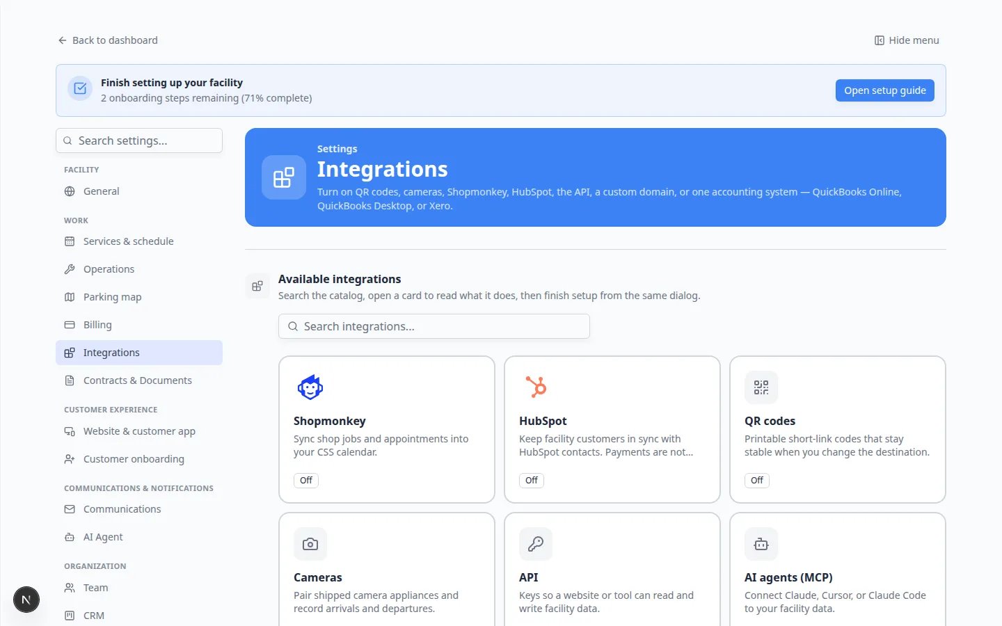 Integrations settings page showing cards including AI agents (MCP) in the catalog grid