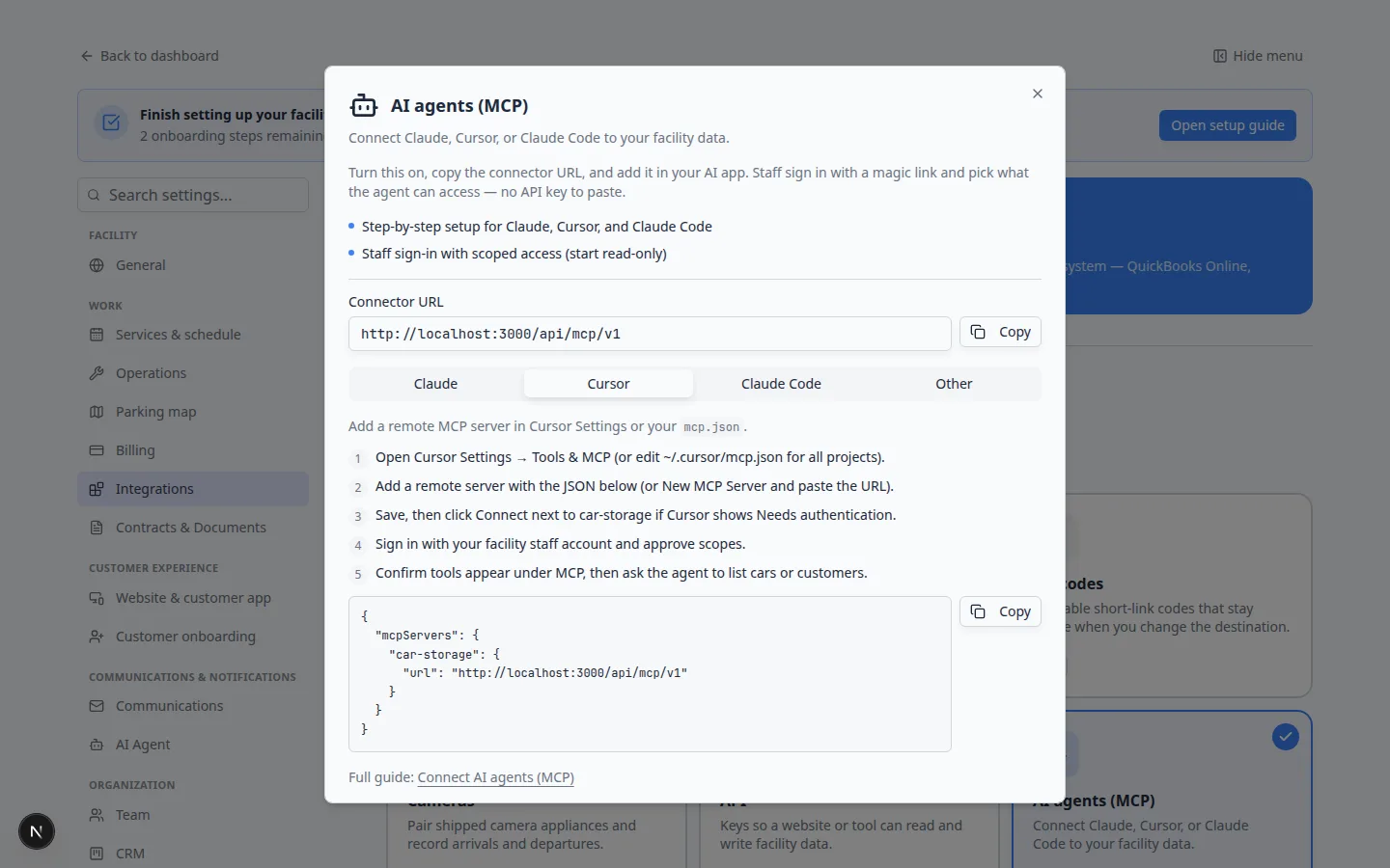 AI agents (MCP) window on the Cursor tab showing setup steps and a copyable configuration block