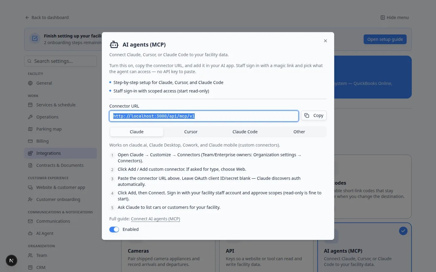 AI agents (MCP) window with Enabled switch, Connector URL, and Claude tab steps