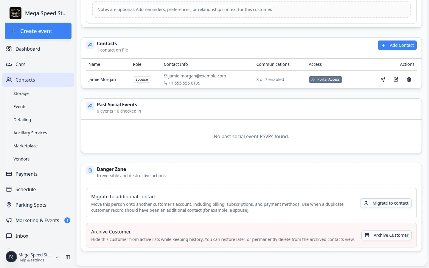 Contacts section on a customer detail page showing Jamie Morgan as Spouse with email, 3 of 7 communication types enabled, Portal Access, and action icons