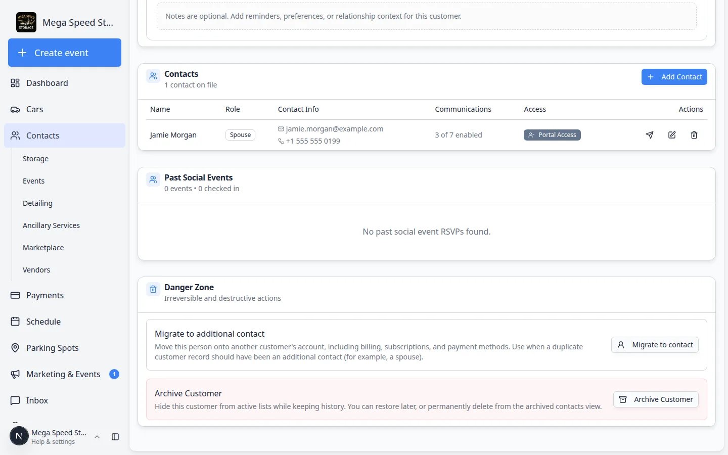 Contacts section on a customer detail page showing Jamie Morgan as Spouse with email, 3 of 7 communication types enabled, Portal Access, and action icons