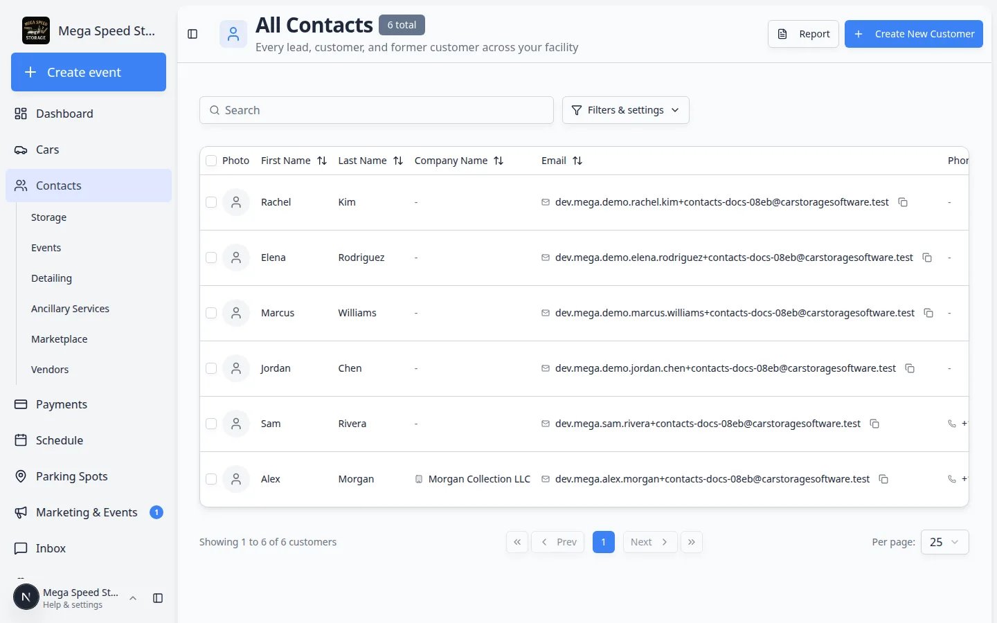 All Contacts page showing a populated customer table, Search, Filters and settings, Report, and Create New Customer