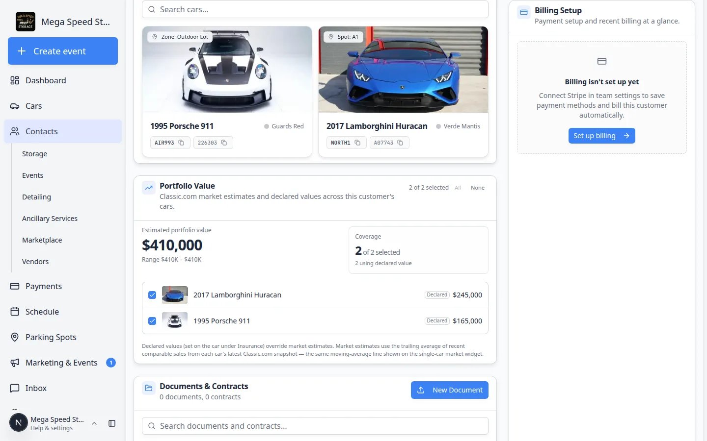 Customer page showing Billing Setup on the right with Billing isn't set up yet and a Set up billing button, plus Customer's Cars and Portfolio Value on the left