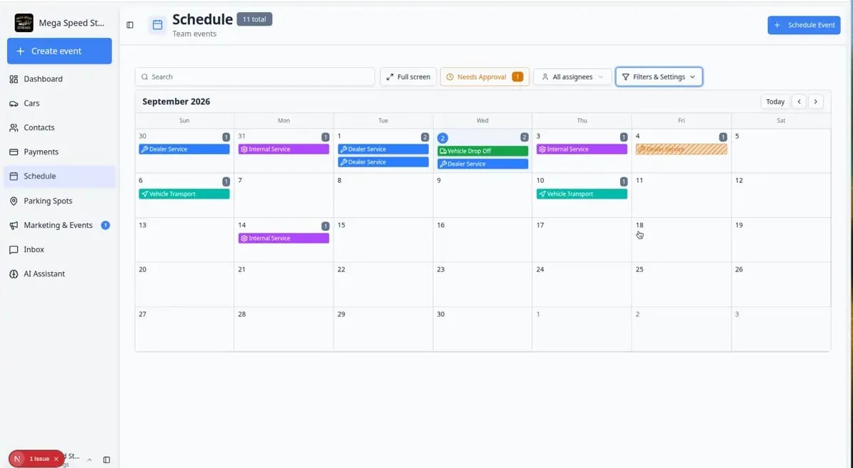 Schedule calendar in 5-day view showing multiple color-coded events with small status and billing indicators on each block