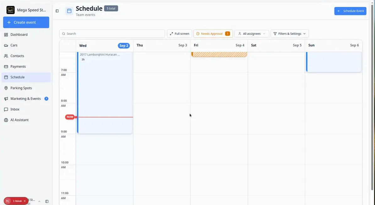 Schedule calendar showing events as colored blocks across the week, with each event displaying the vehicle name, customer, and time