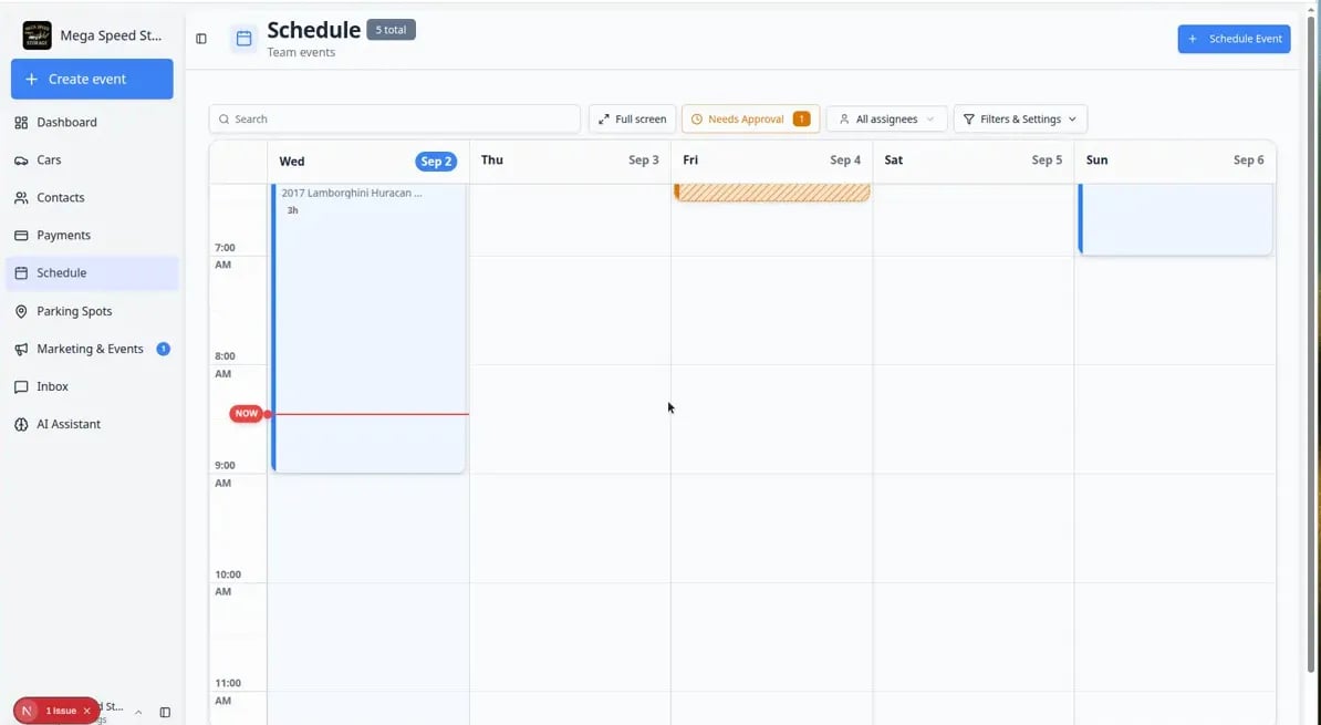 Schedule calendar showing events as colored blocks across the week, with each event displaying the vehicle name, customer, and time