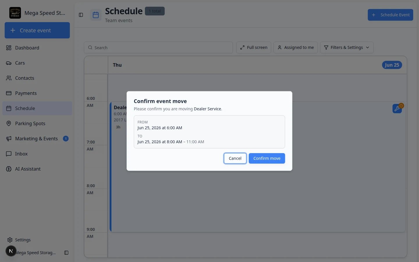 Confirm event move dialog on Schedule showing the original time and the new proposed time after dragging an event on the calendar