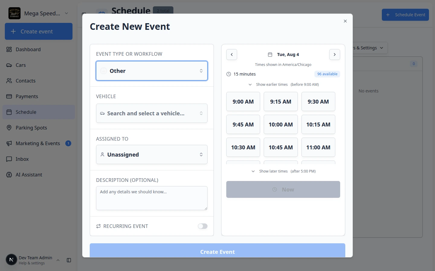 Create New Event form with the Now button visible below the available time slots