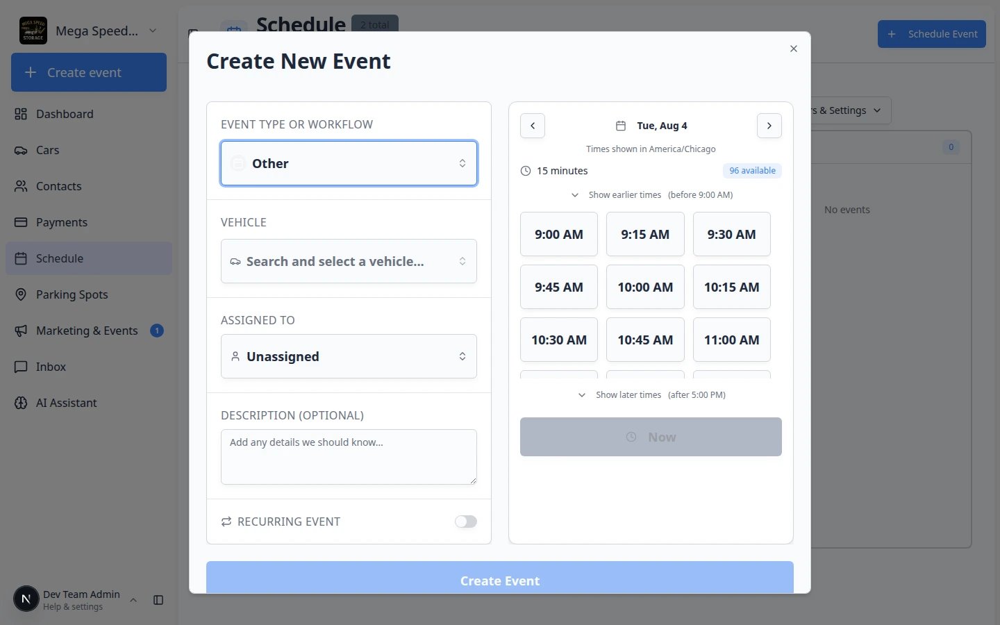 Create New Event form with the Now button visible below the available time slots