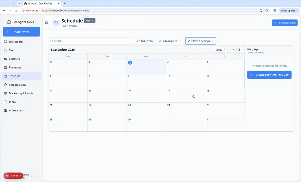 Schedule Month view with day detail panel open on the right listing events for the selected day