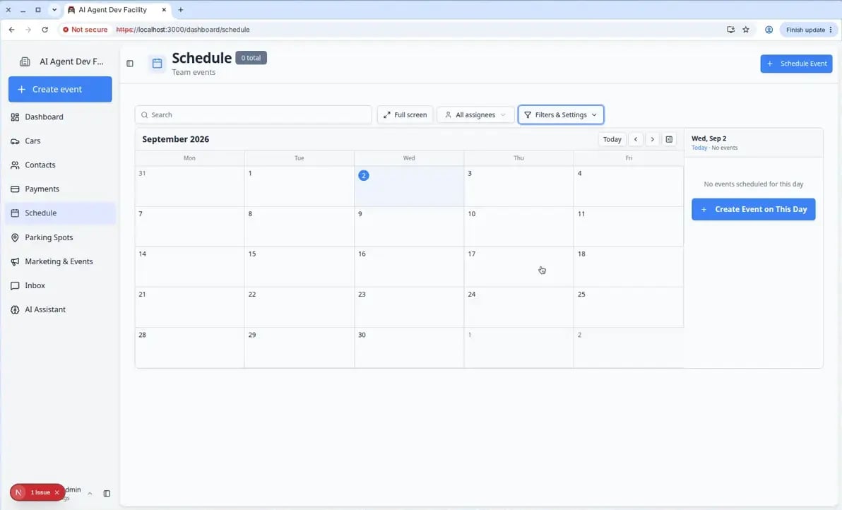 Schedule Month view with day detail panel open on the right listing events for the selected day