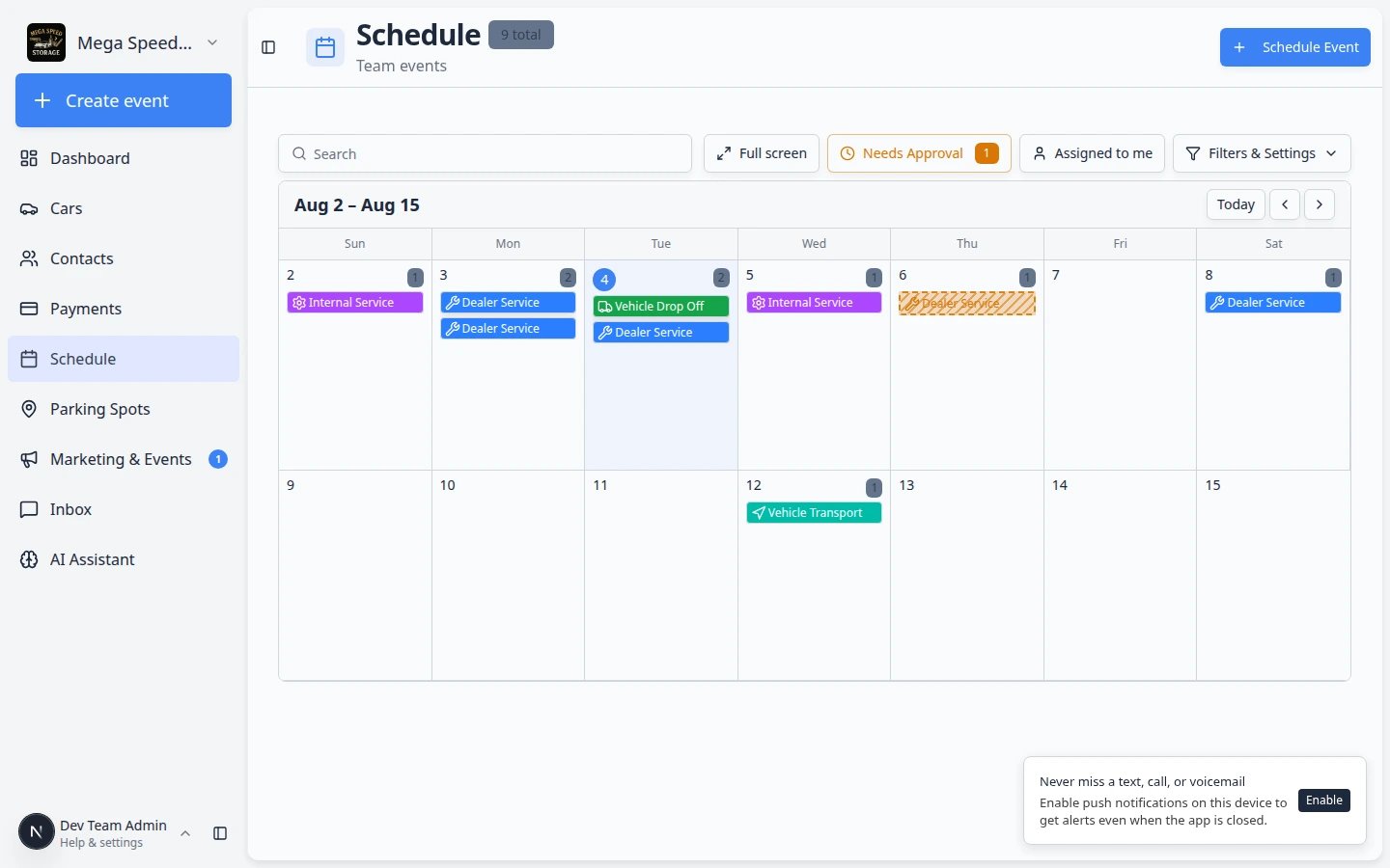 Edit event form showing When section with date, time, duration, assignee, and notes fields