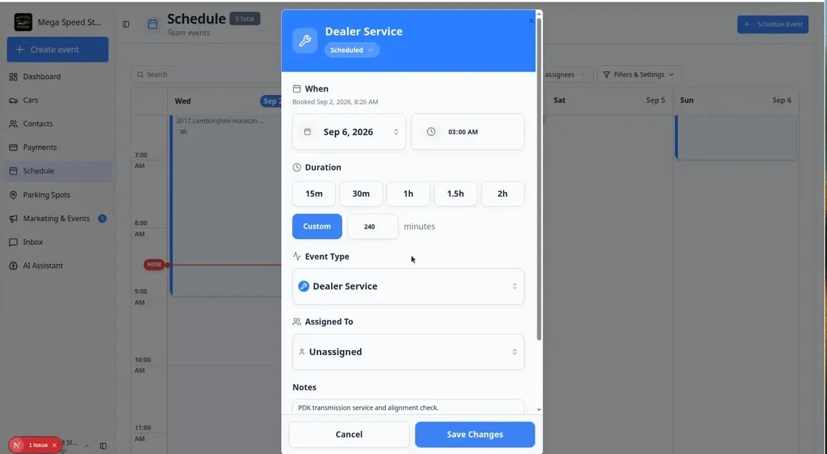 Edit Event form on Schedule showing date, time, assignee, and notes for a scheduled visit