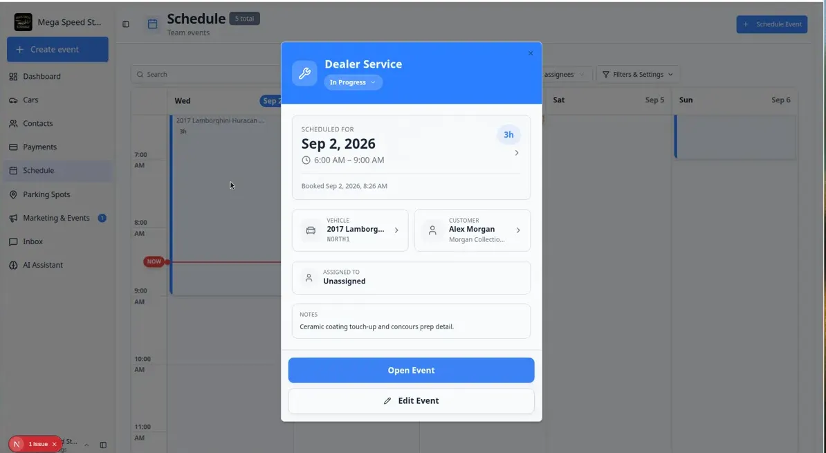 Schedule event details panel showing customer, vehicle, scheduled time, notes, and Edit Event button