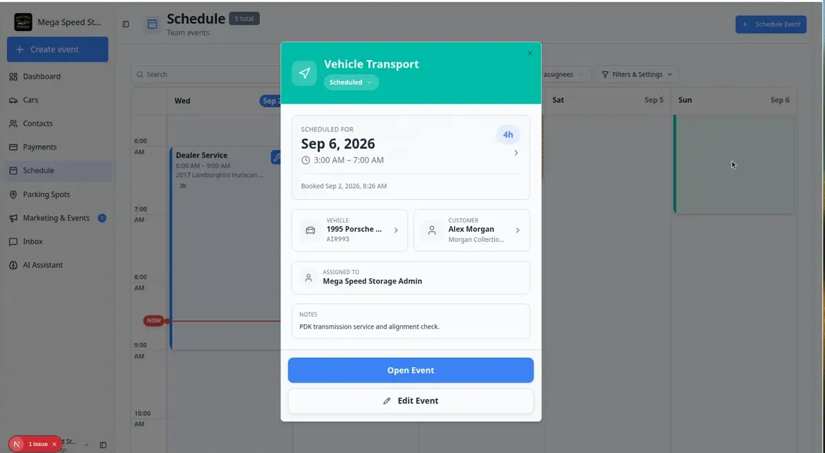 Schedule event detail panel showing a transport event with an outside vendor listed as assignee