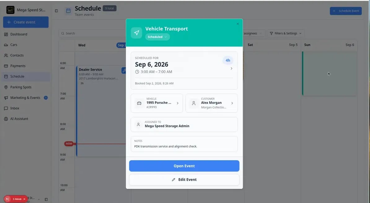 Schedule event detail panel showing a transport event with an outside vendor listed as assignee