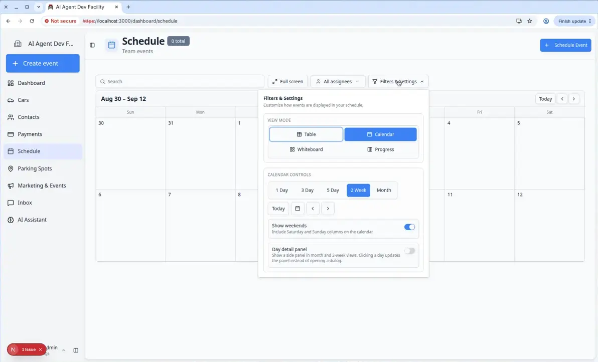 Filters and Settings panel on Schedule showing 2 Week selected plus Show weekends and Day detail panel switches