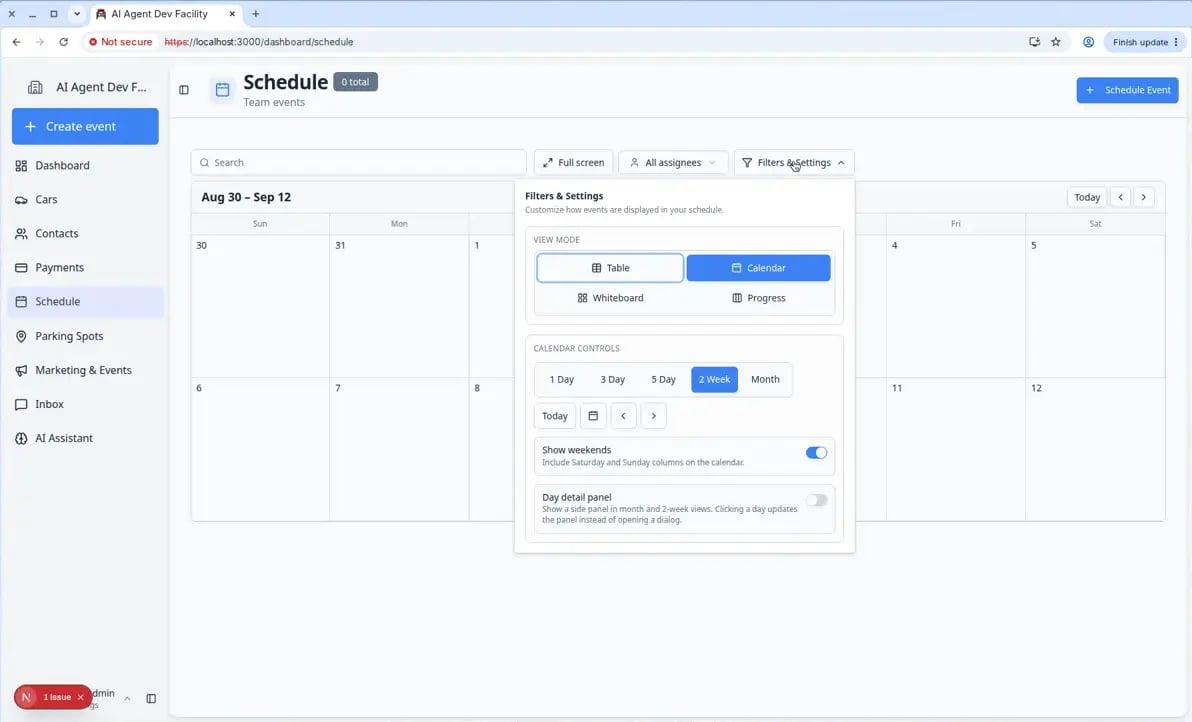 Filters and Settings panel on Schedule showing 2 Week selected plus Show weekends and Day detail panel switches