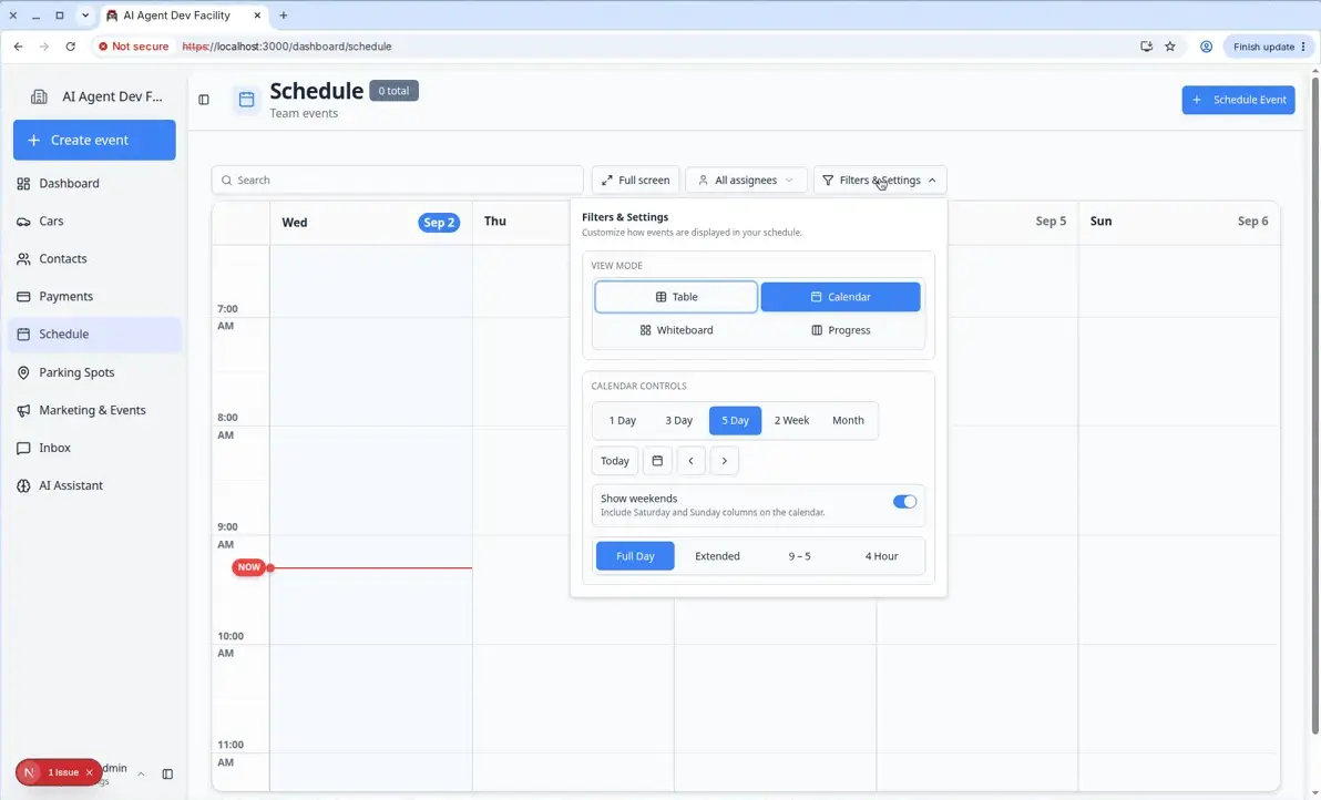 Filters & Settings panel open showing view mode options (Table, Calendar, Whiteboard, Progress), calendar range buttons (1 Day, 3 Day, 5 Day, 2 Week, Month), and visible hours options (Full Day, Extended, 9-5, 4 Hour)