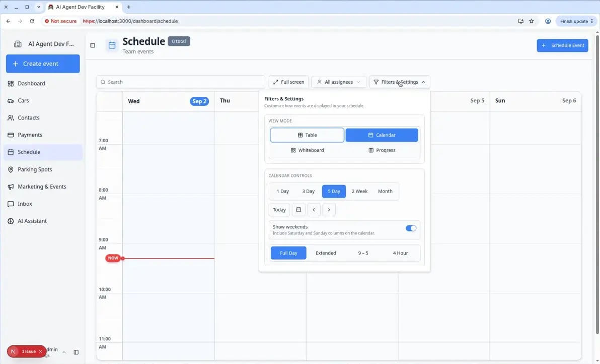 Filters & Settings panel open showing view mode options (Table, Calendar, Whiteboard, Progress), calendar range buttons (1 Day, 3 Day, 5 Day, 2 Week, Month), and visible hours options (Full Day, Extended, 9-5, 4 Hour)