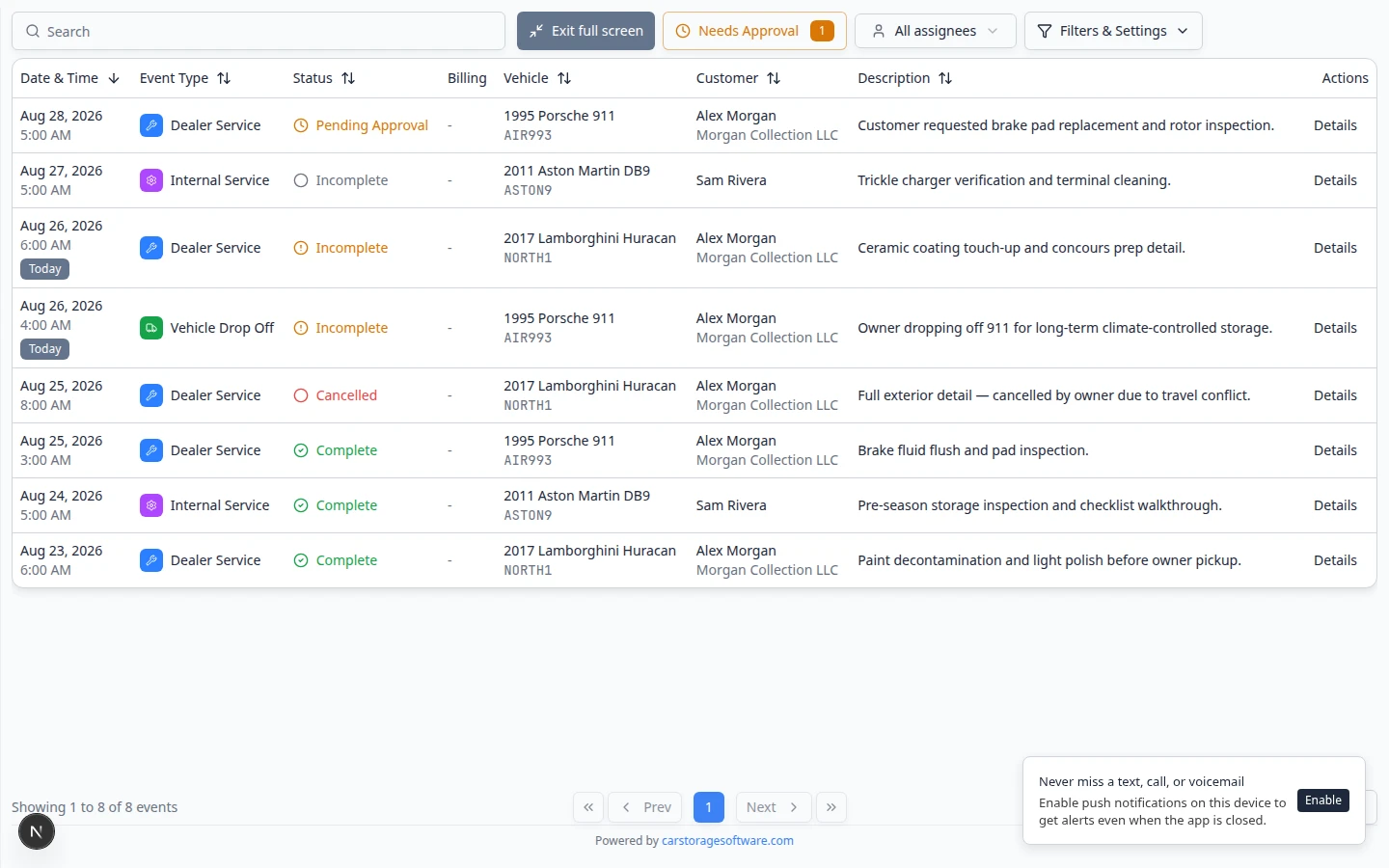 Full-screen schedule display showing a large calendar with today's events and no dashboard sidebar