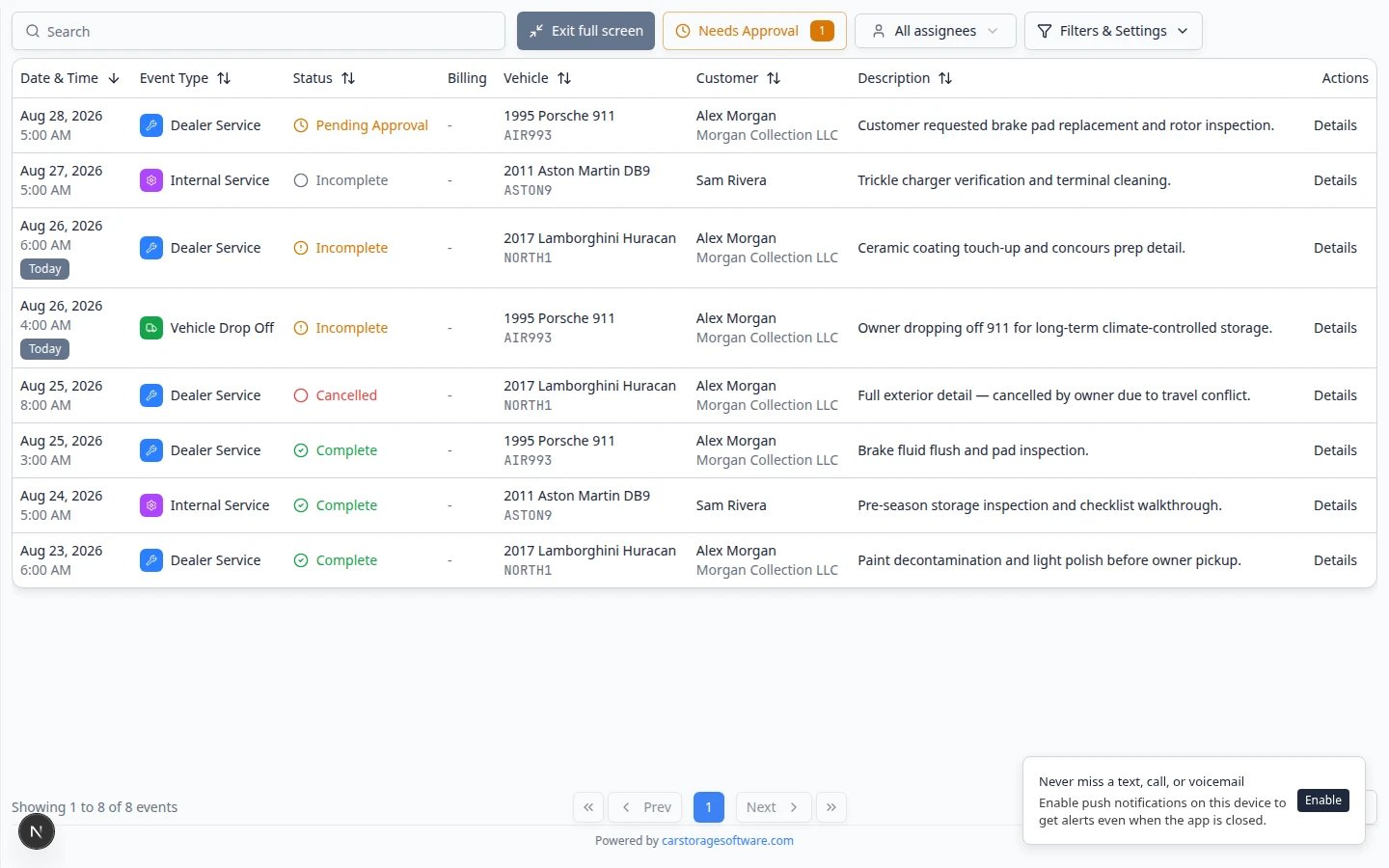 Full-screen schedule display showing a large calendar with today's events and no dashboard sidebar
