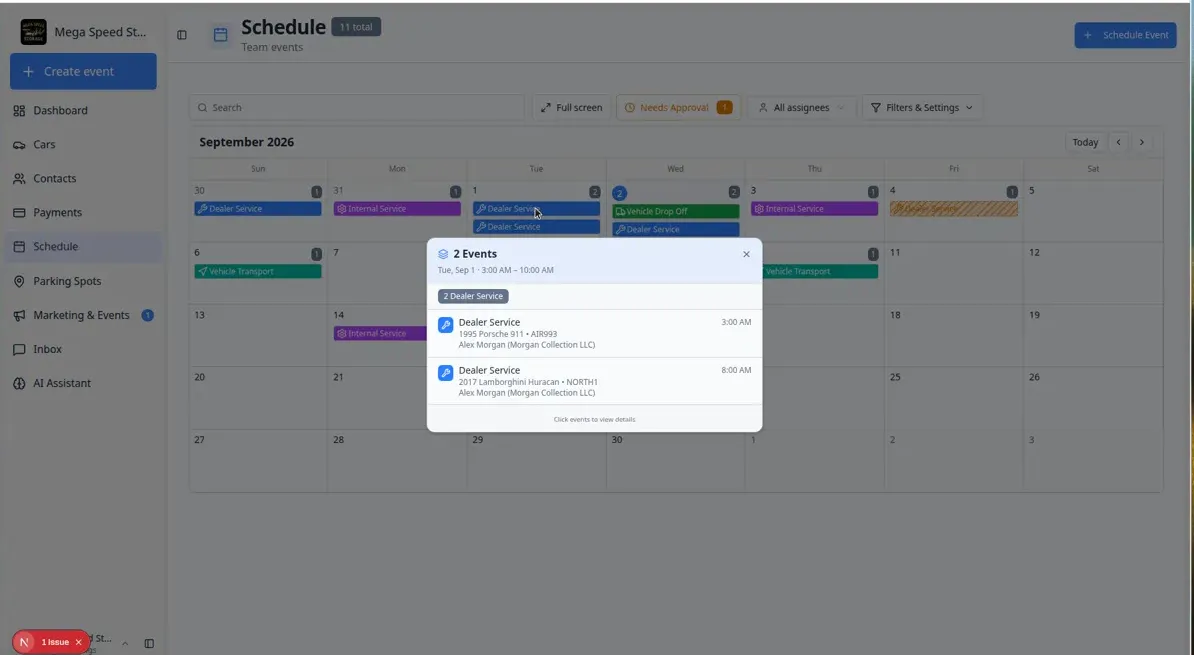 Grouped events dialog listing multiple appointments that share the same busy time slot on Schedule