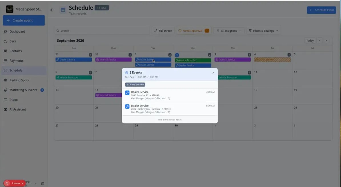 Grouped events dialog listing multiple appointments that share the same busy time slot on Schedule