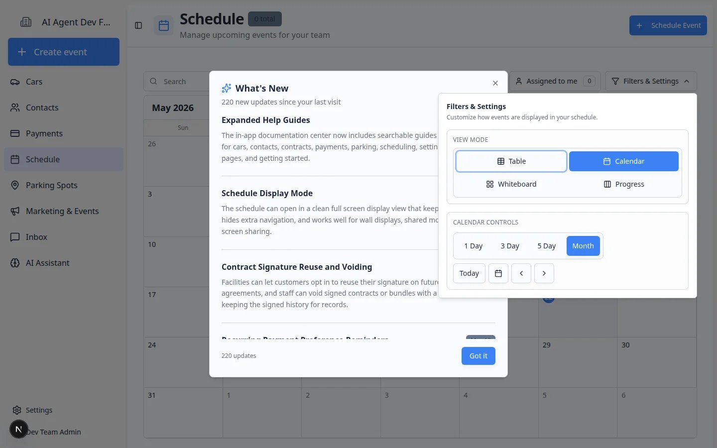 Schedule month view with a day list open showing events for the selected day and a Create Event on This Day button