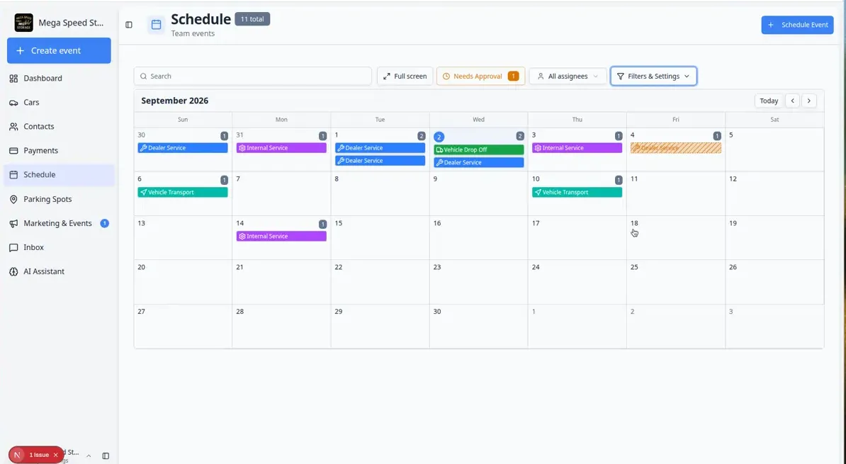 Schedule month view showing multiple appointments across the month including dealer service, internal service, and transport events