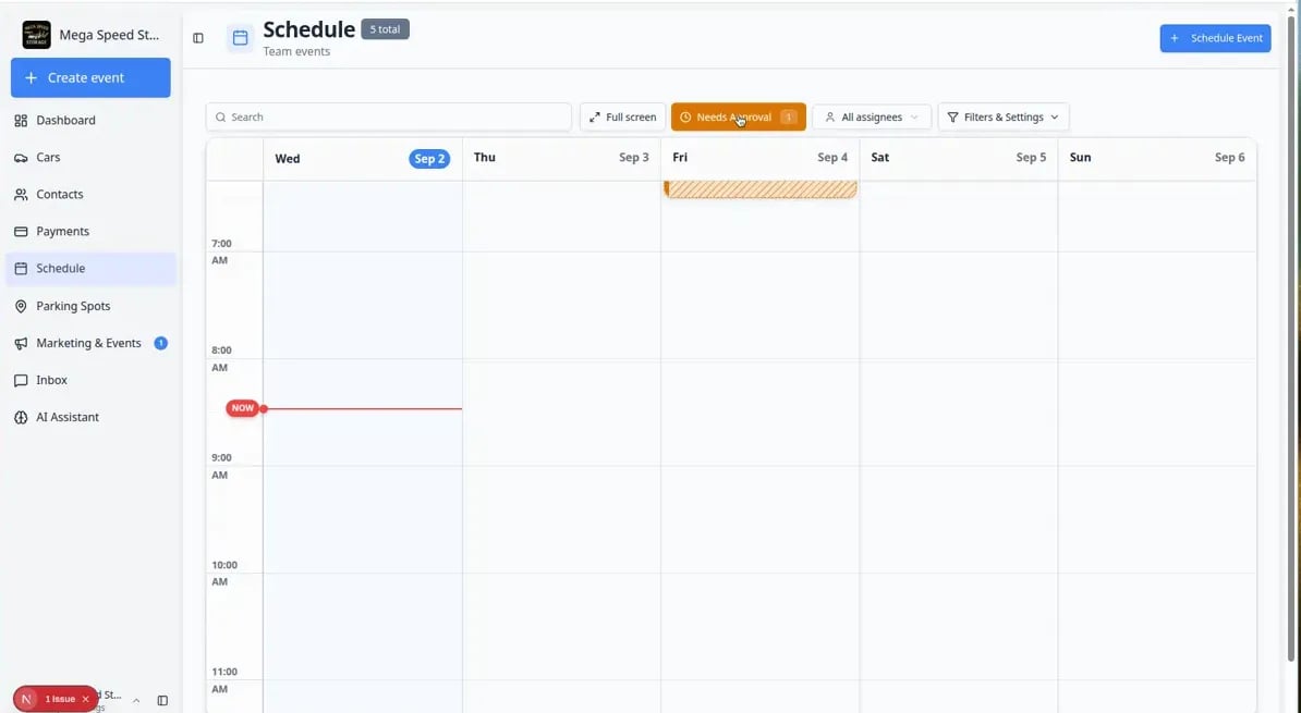 Schedule page with the Needs Approval filter active, showing a badge count and highlighted booking requests on the calendar