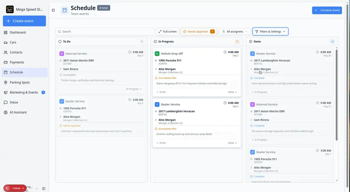 Progress view showing a kanban-style board with To Do, In Progress, and Done columns and event cards with vehicle and customer names