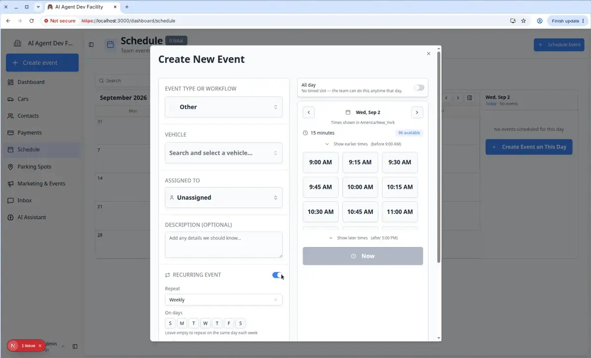 Create New Event form with Recurring Event enabled showing repeat frequency, days of the week, and Until date fields