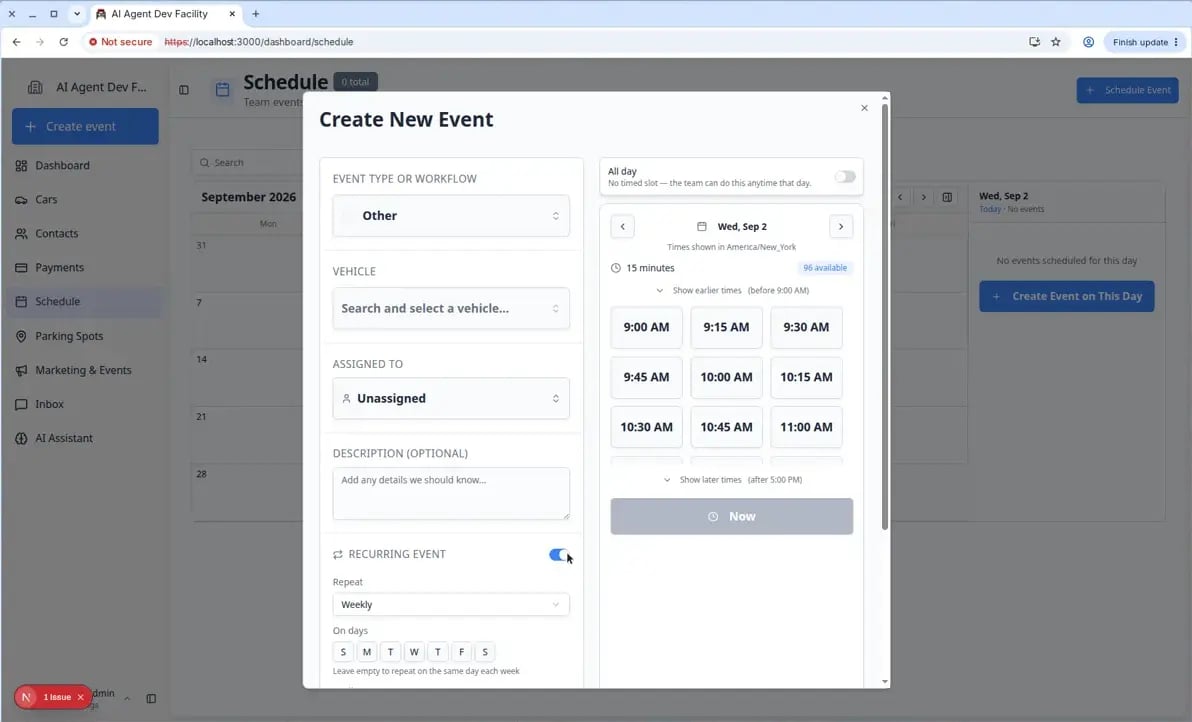 Create New Event form with Recurring Event enabled showing repeat frequency, days of the week, and Until date fields
