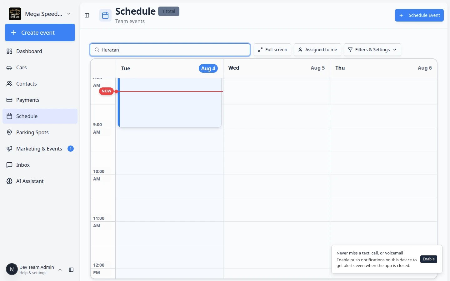 Schedule page with Porsche typed in the Search field and only matching appointments visible on the calendar