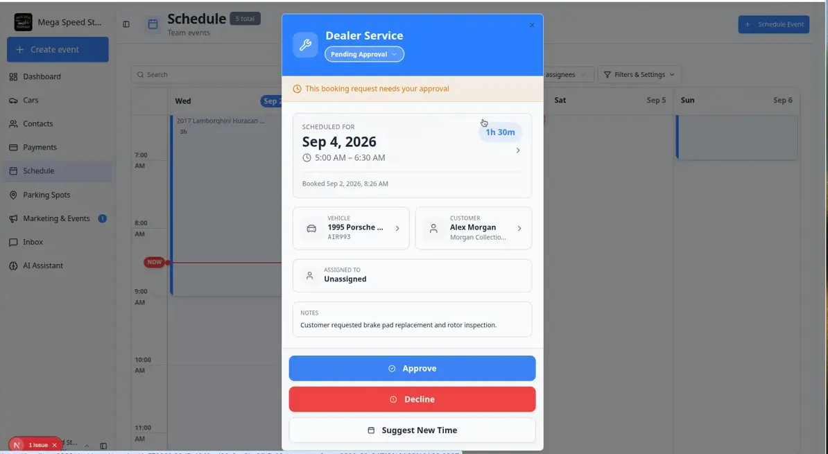 Event detail panel on Schedule showing a service-related visit with status and vehicle information