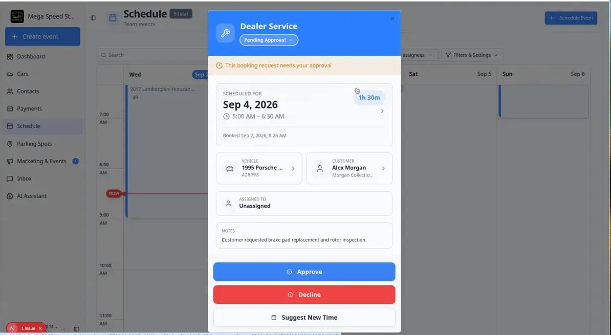 Event detail panel on Schedule showing a service-related visit with status and vehicle information
