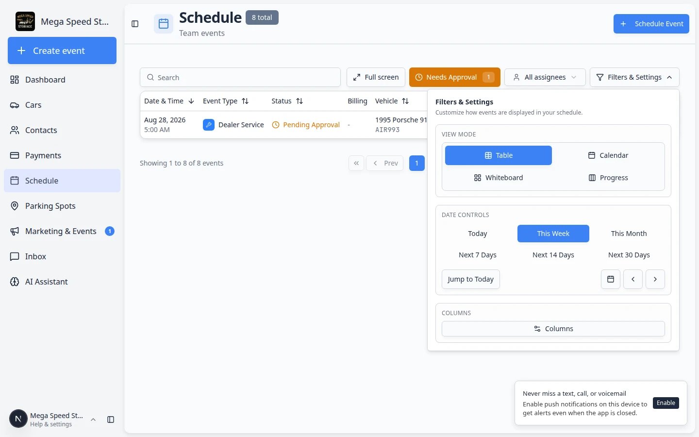 Schedule Table view with Needs Approval filter on, showing only pending online booking rows