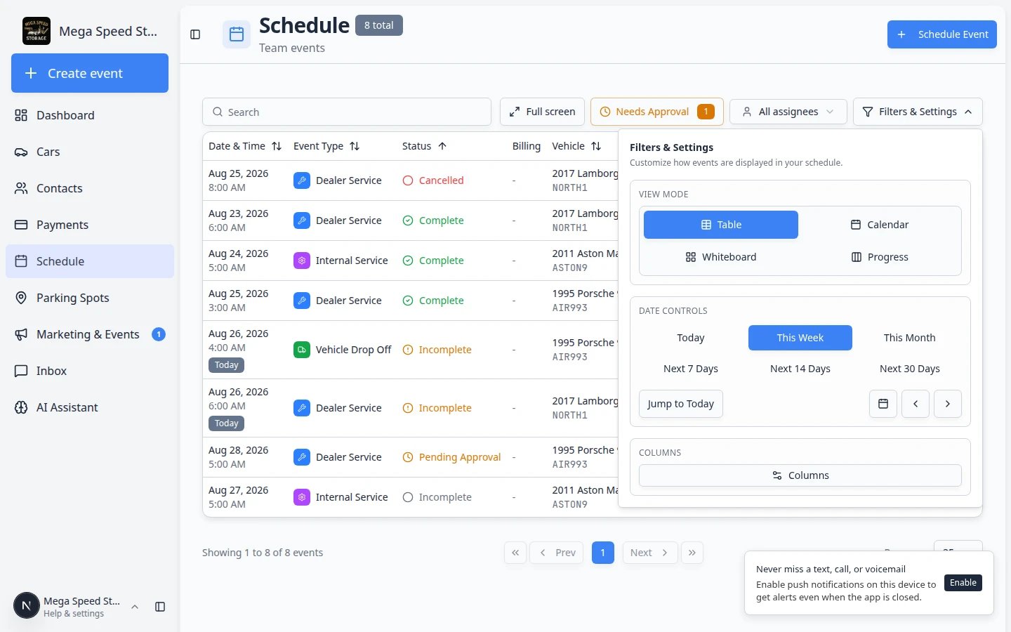 Schedule Table view with the Status column sorted, showing Cancelled, Complete, Incomplete, and Pending Approval rows grouped together