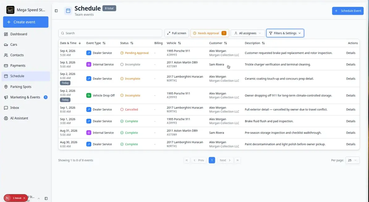 Schedule in Table view showing events listed with columns for date and time, event type, status, vehicle, customer, and description