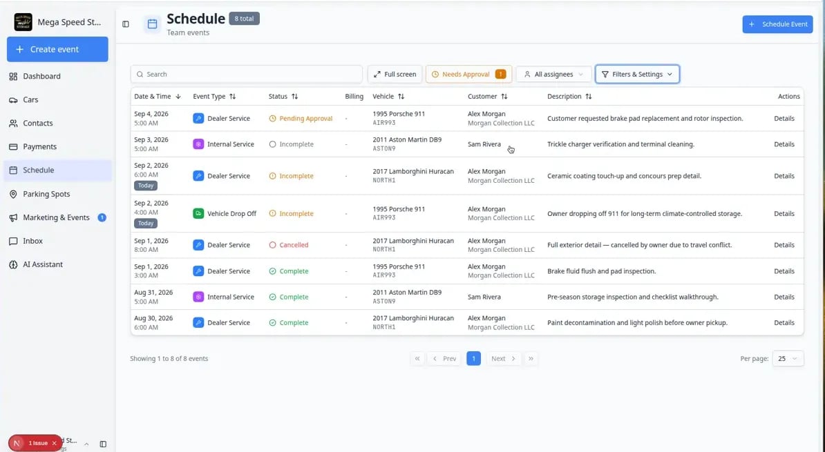 Schedule in Table view showing events listed with columns for date and time, event type, status, vehicle, customer, and description