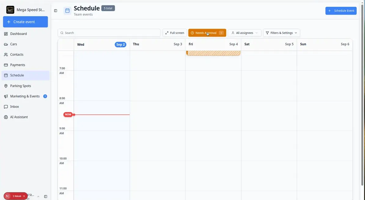Schedule calendar with Needs Approval filter on, showing striped events waiting for staff approval