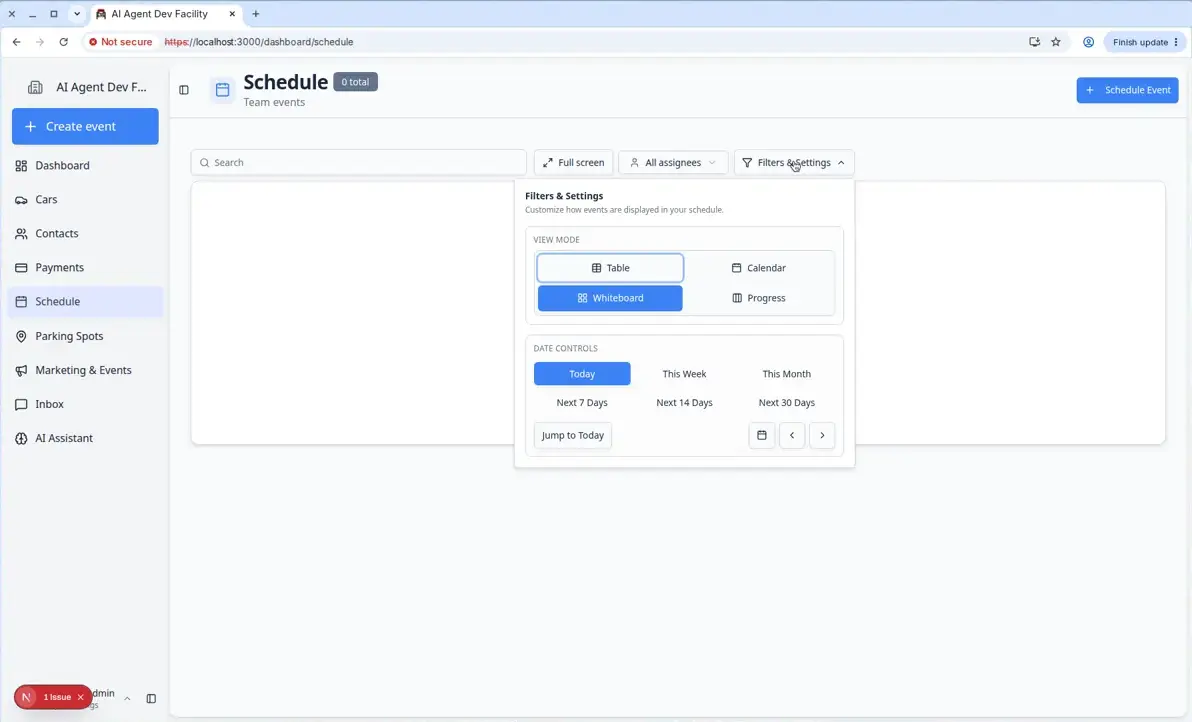 Filters and Settings panel on Schedule with Whiteboard view selected and DATE RANGE options such as Today and This Week