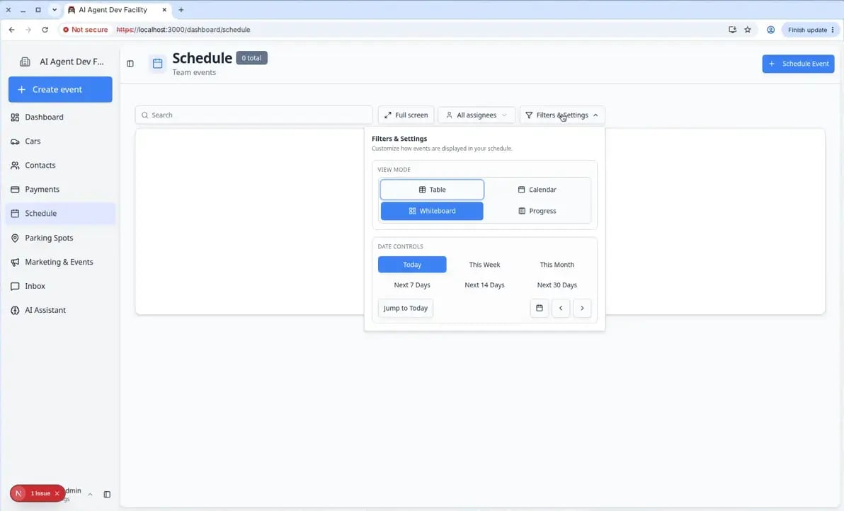 Filters and Settings panel on Schedule with Whiteboard view selected and DATE RANGE options such as Today and This Week