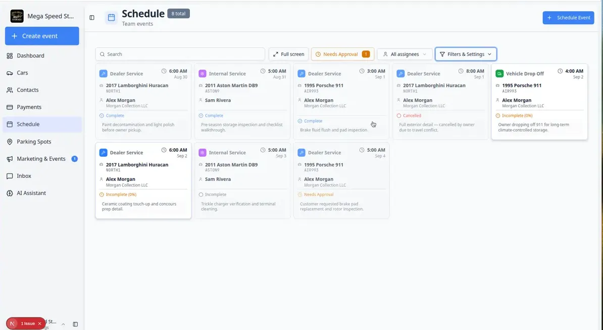 Schedule Whiteboard view showing scheduled work as cards with vehicle names, customers, event types, and times
