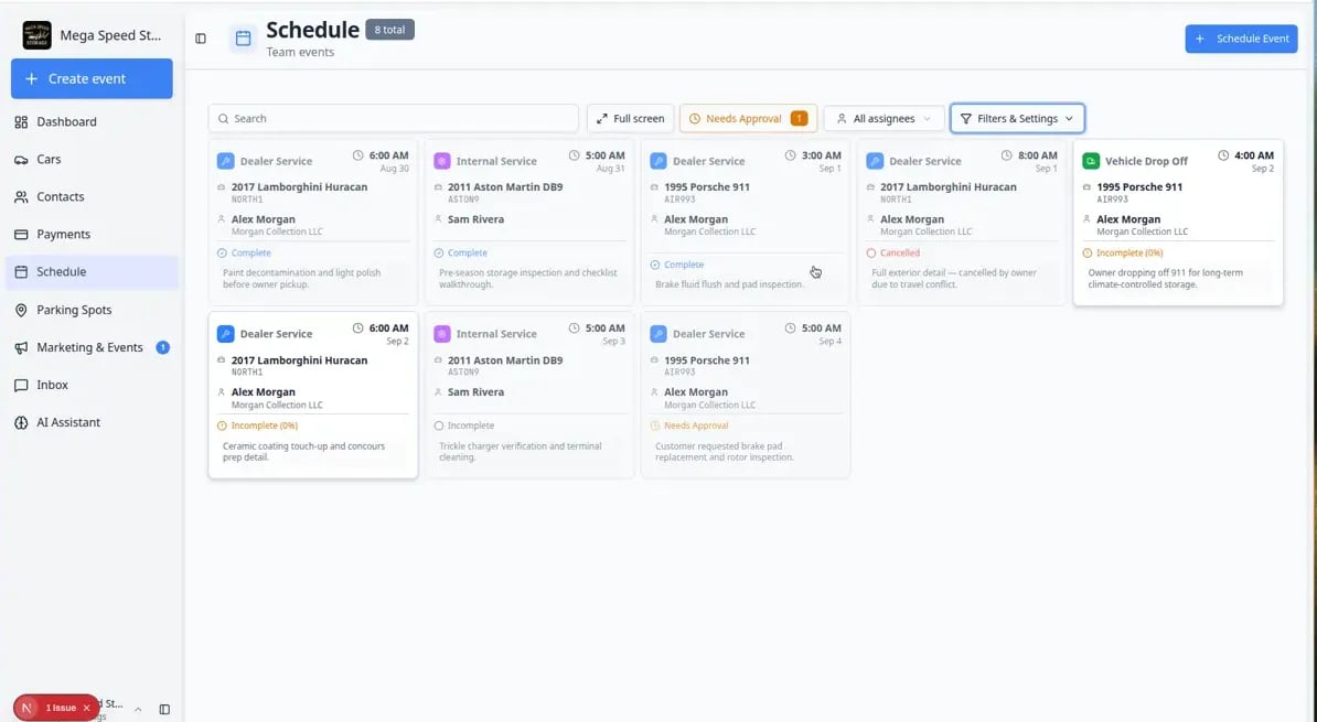 Schedule Whiteboard view showing scheduled work as cards with vehicle names, customers, event types, and times
