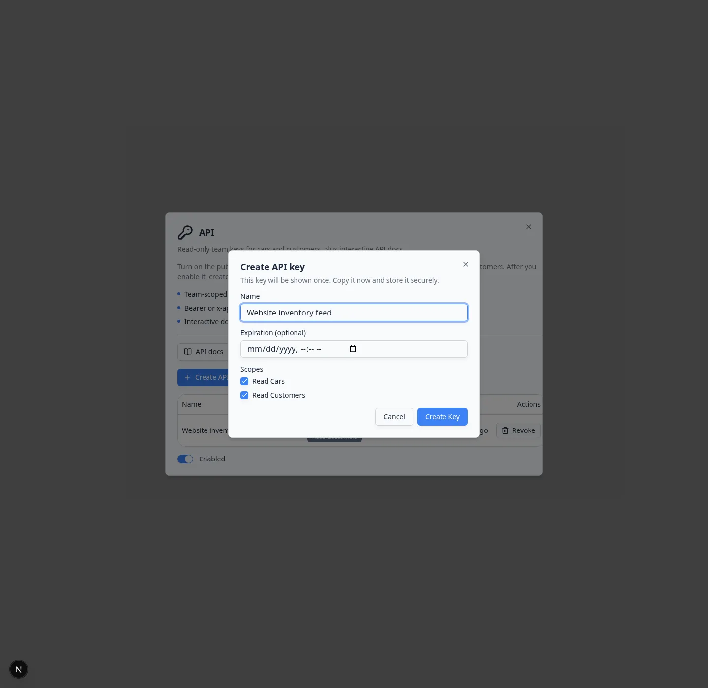 Create API key window with Name set to Website inventory feed and Read Cars and Read Customers checked