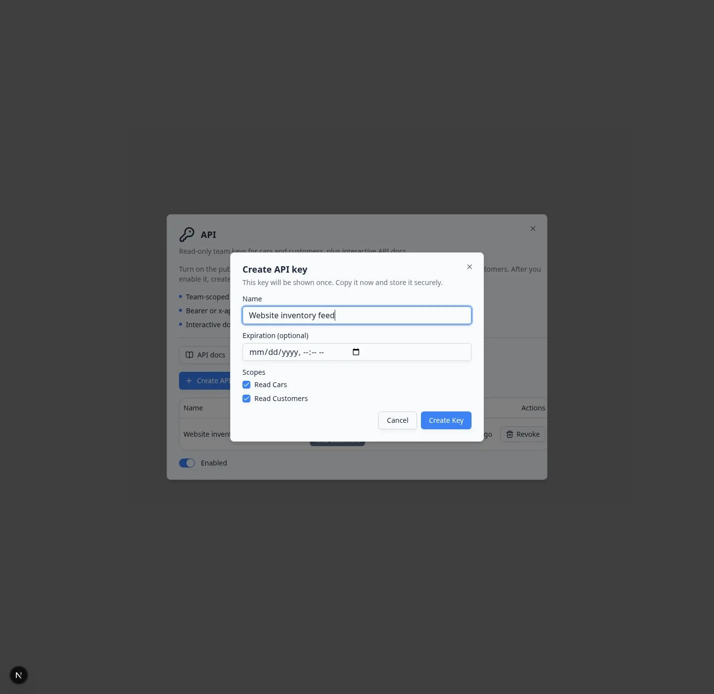 Create API key window with Name set to Website inventory feed and Read Cars and Read Customers checked