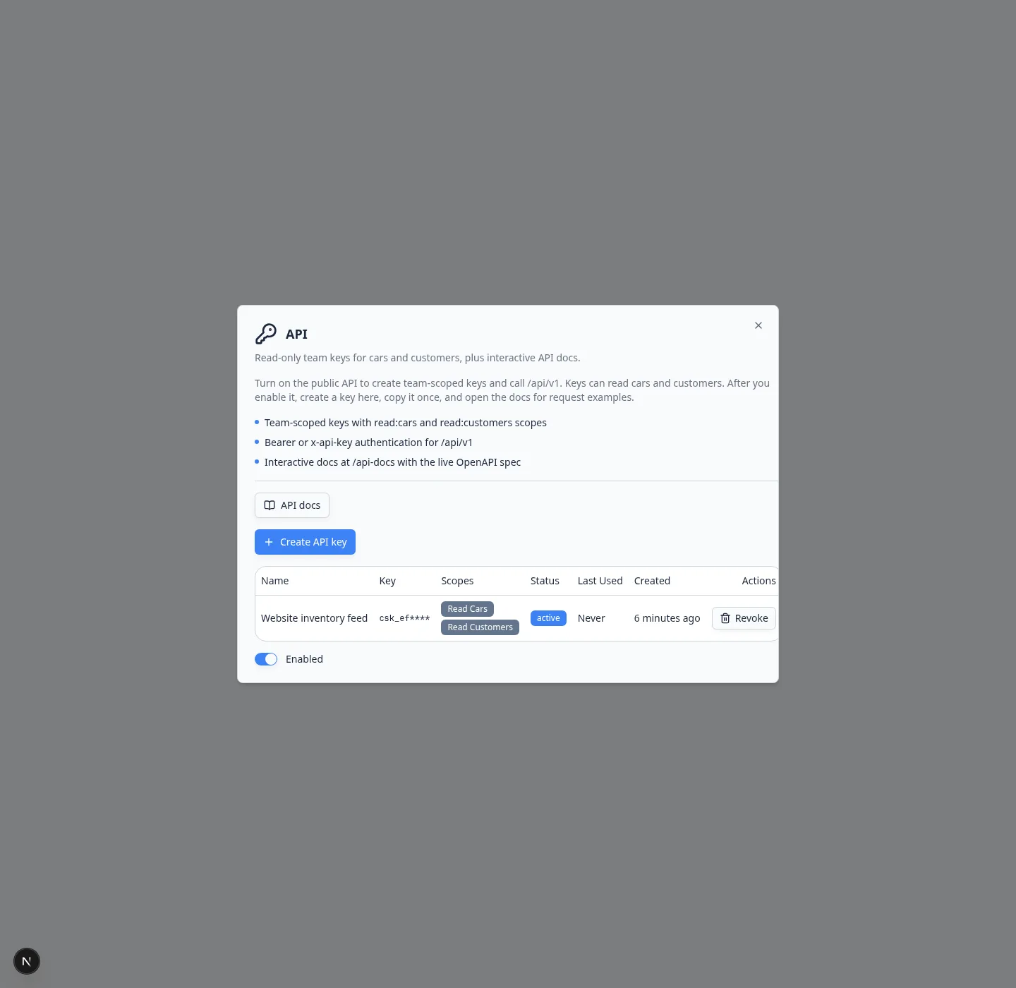 API integration window showing API docs, Create API key, and an active Website inventory feed key