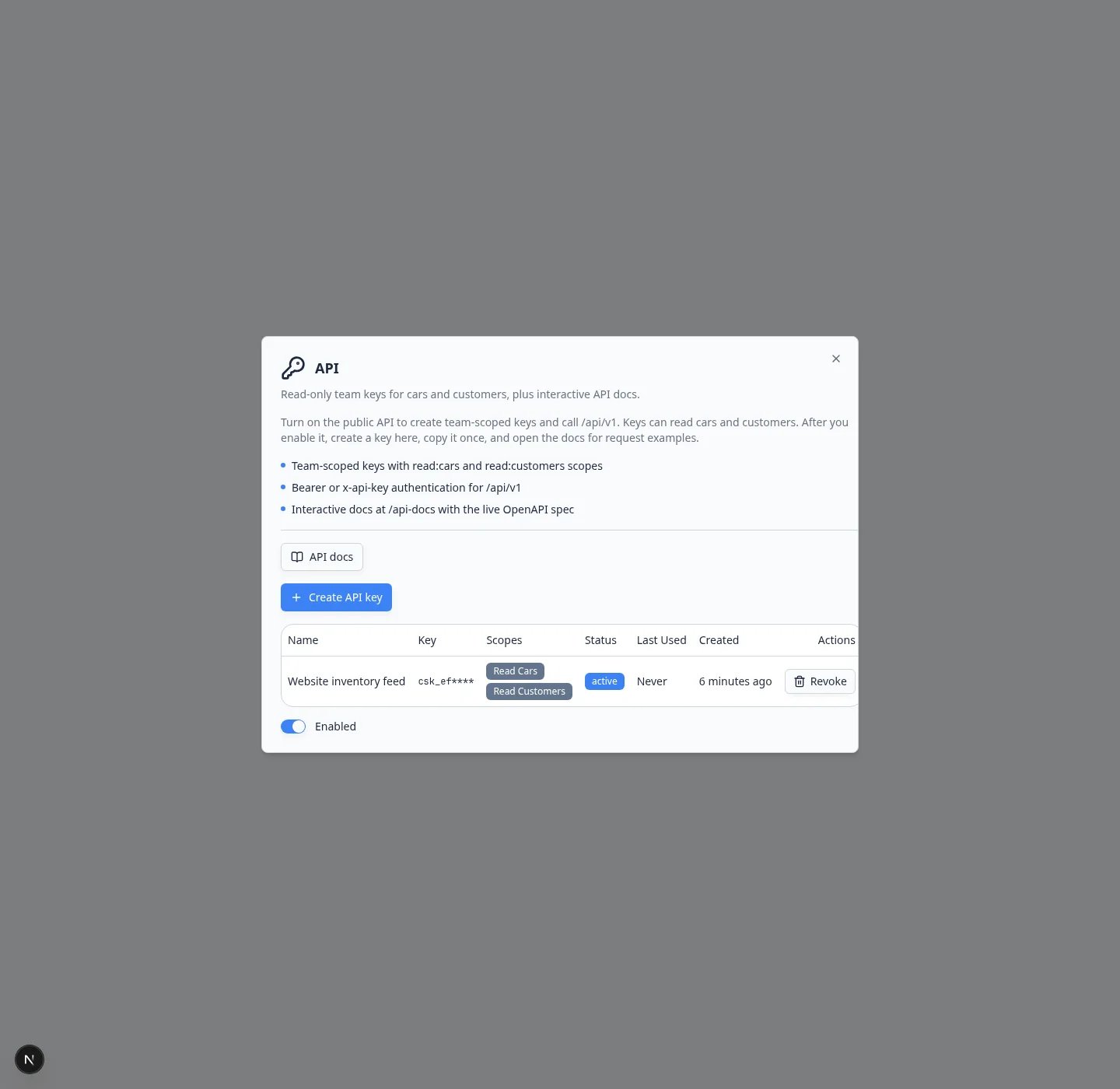 API integration window showing API docs, Create API key, and an active Website inventory feed key